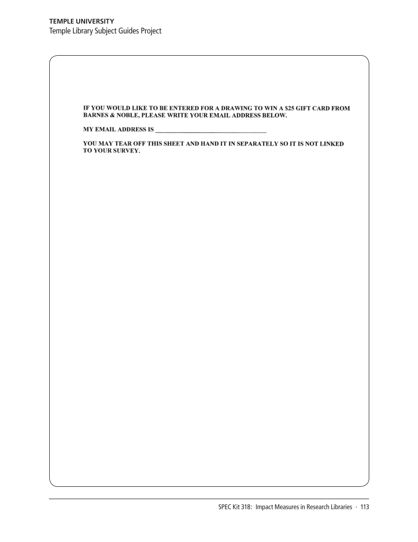 SPEC Kit 318: Impact Measures in Research Libraries (September 2010) page 113