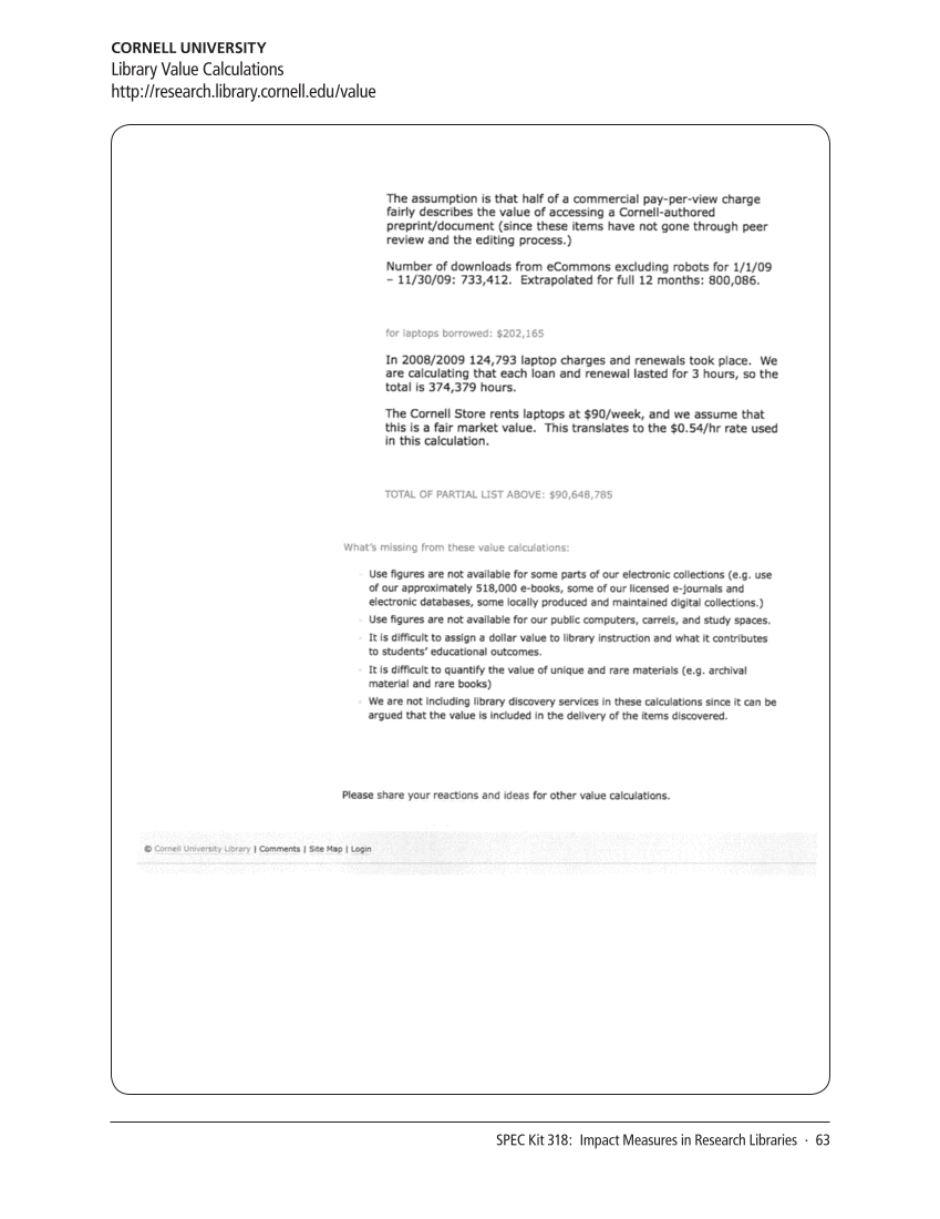 SPEC Kit 318: Impact Measures in Research Libraries (September 2010) page 63