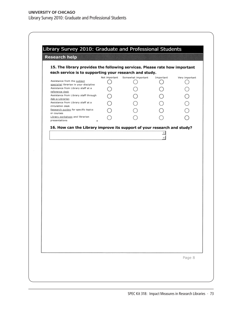 SPEC Kit 318: Impact Measures in Research Libraries (September 2010) page 73