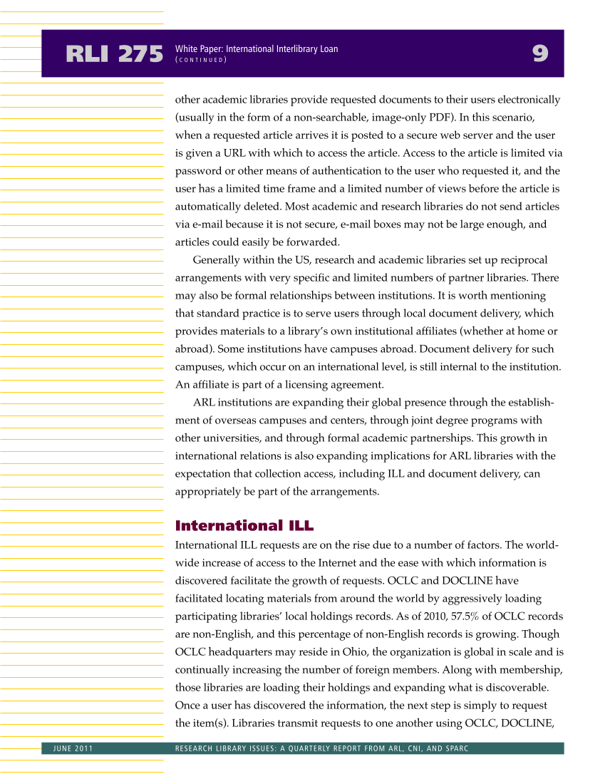 Research Library Issues, no. 275 (June 2011): Report of the Task Force on International Interlibrary Loan and Document Delivery Practices page 9