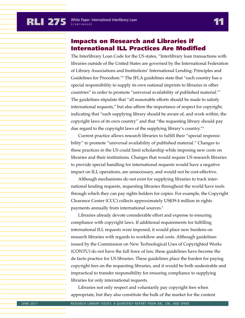 Research Library Issues, no. 275 (June 2011): Report of the Task Force on International Interlibrary Loan and Document Delivery Practices page 11