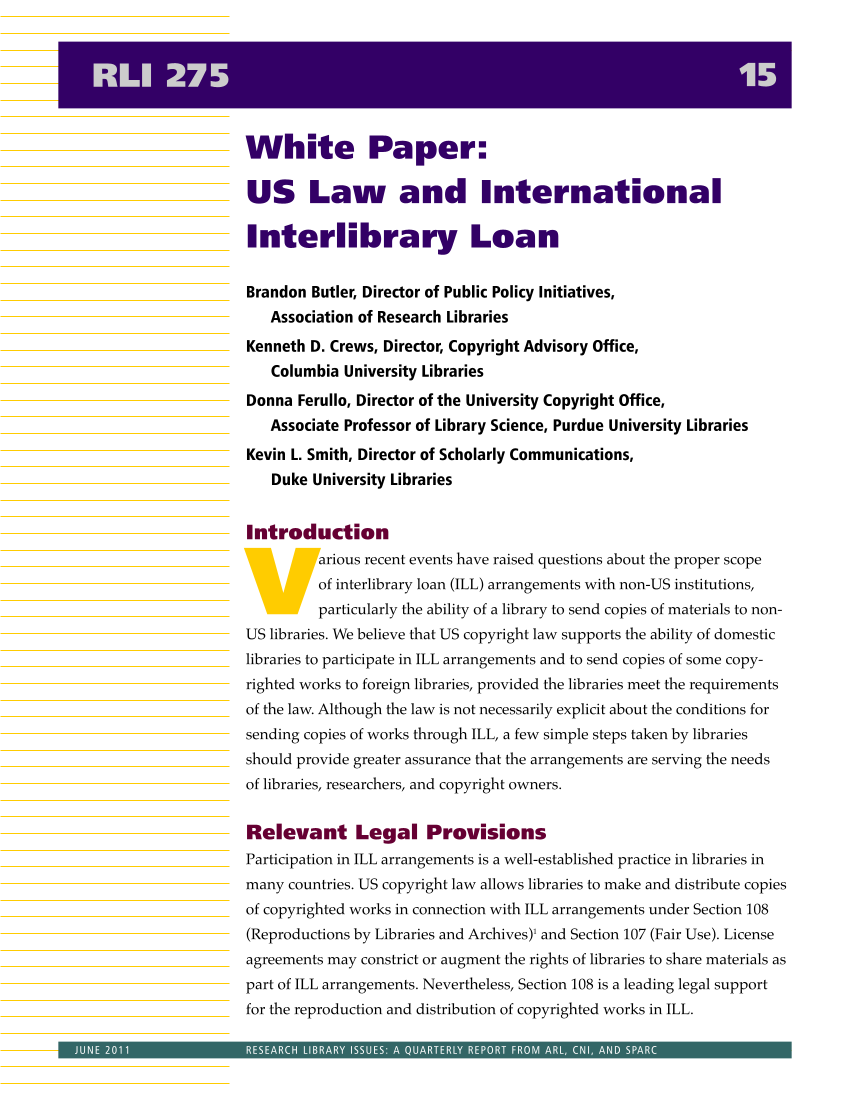Research Library Issues, no. 275 (June 2011): Report of the Task Force on International Interlibrary Loan and Document Delivery Practices page 15