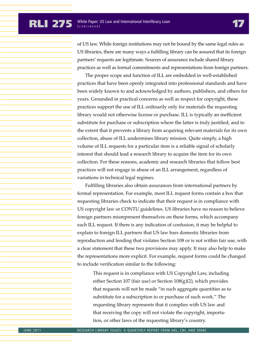 Research Library Issues, no. 275 (June 2011): Report of the Task Force on International Interlibrary Loan and Document Delivery Practices page 17