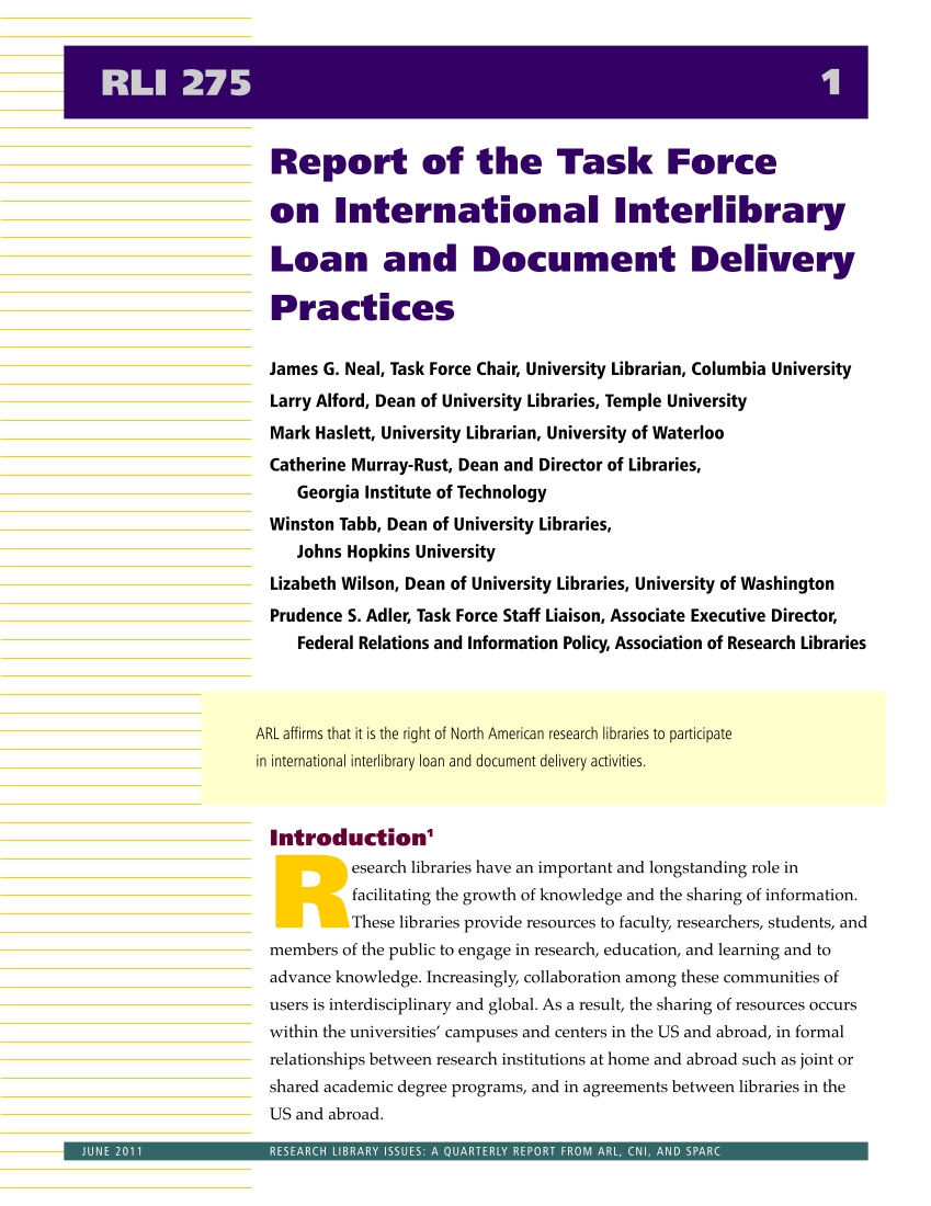 Research Library Issues, no. 275 (June 2011): Report of the Task Force on International Interlibrary Loan and Document Delivery Practices page 1
