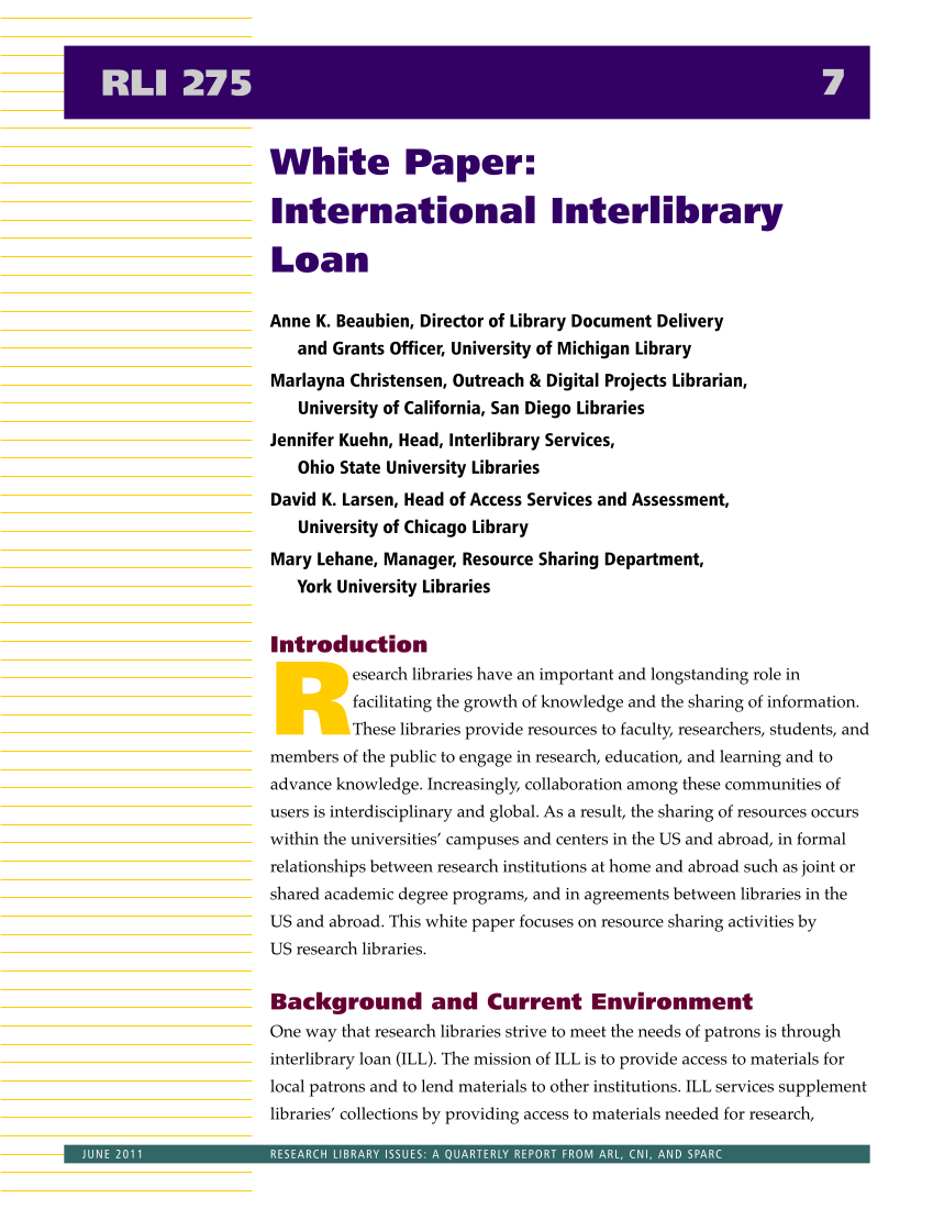 Research Library Issues, no. 275 (June 2011): Report of the Task Force on International Interlibrary Loan and Document Delivery Practices page 7