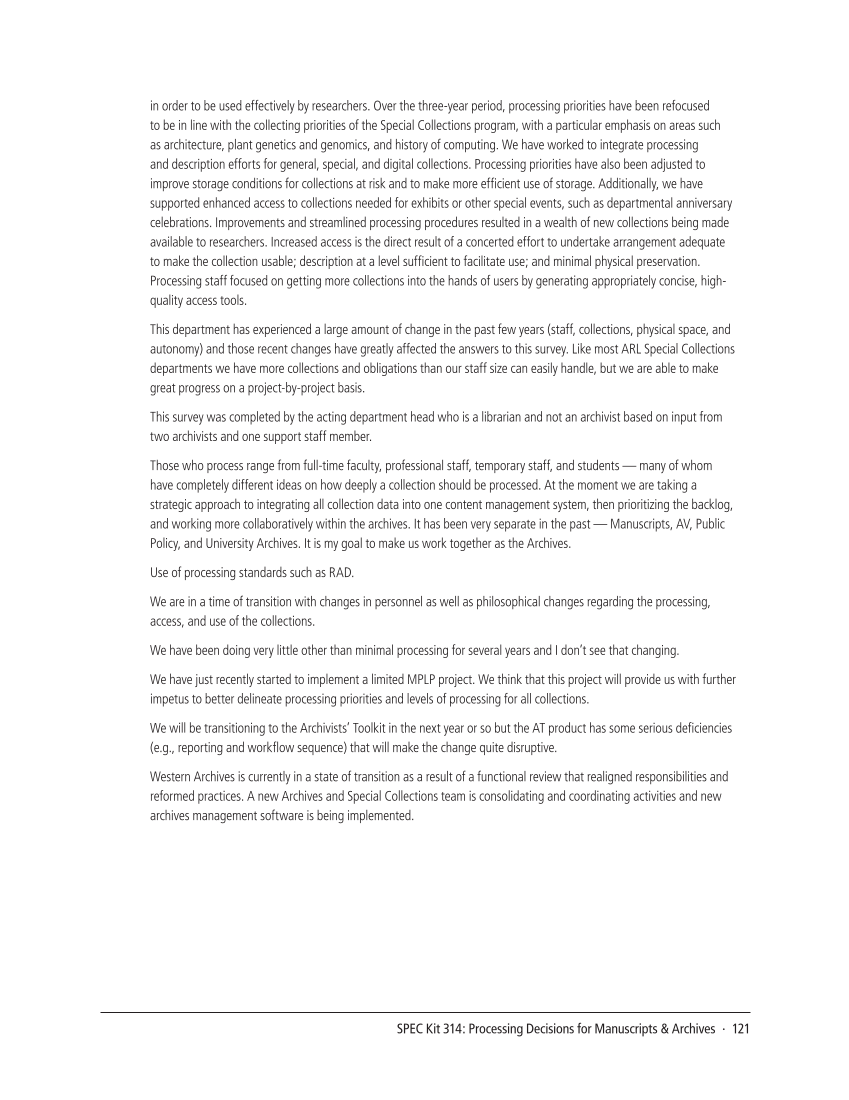 SPEC Kit 314: Processing Decisions for Manuscripts & Archives (November 2009) page 123