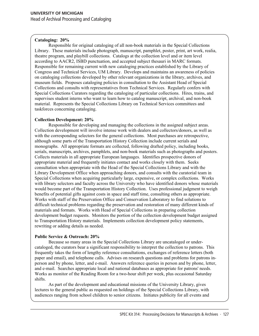 SPEC Kit 314: Processing Decisions for Manuscripts & Archives (November 2009) page 129