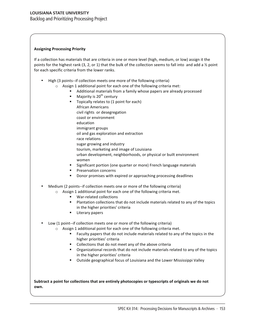 SPEC Kit 314: Processing Decisions for Manuscripts & Archives (November 2009) page 155