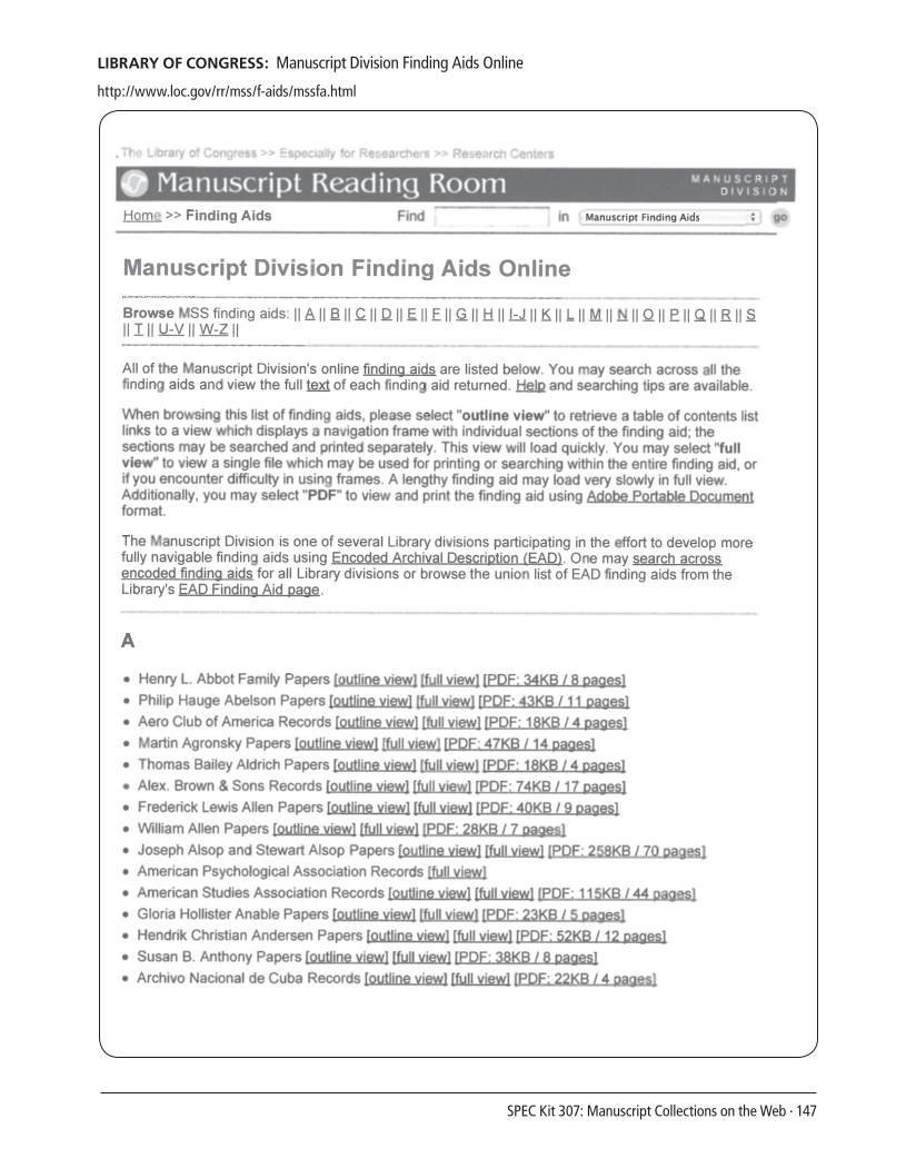 SPEC Kit 307: Manuscript Collections on the Web (October 2008) page 147