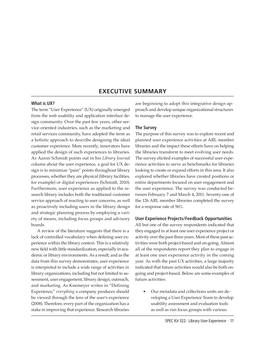 SPEC Kit 322: Library User Experience (July 2011) page 11