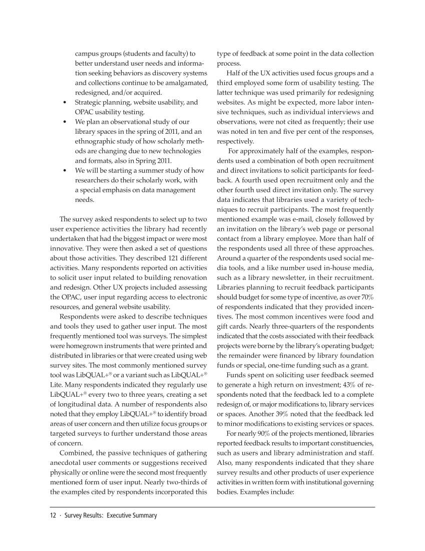 SPEC Kit 322: Library User Experience (July 2011) page 12