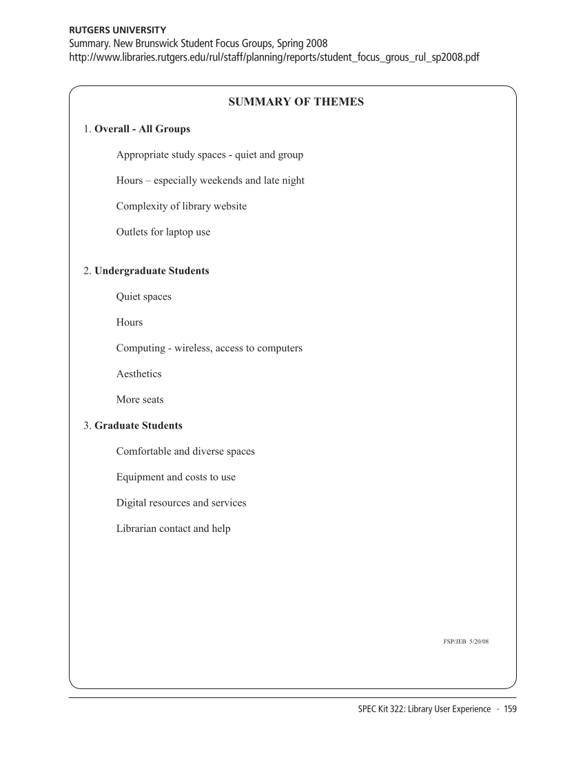 SPEC Kit 322: Library User Experience (July 2011) page 159