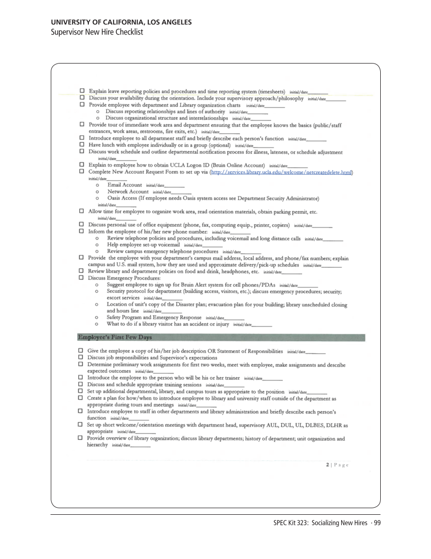 SPEC Kit 323: Socializing New Hires (August 2011) page 99
