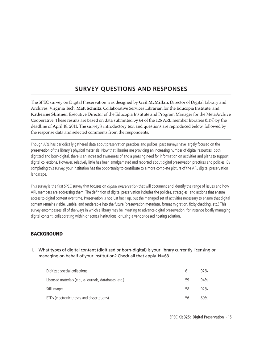 SPEC Kit 325: Digital Preservation (October 2011) page 15