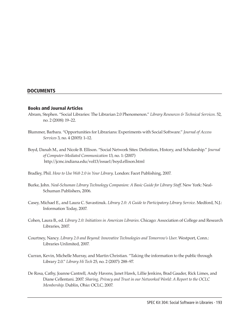 SPEC Kit 304: Social Software in Libraries (July 2008) page 193