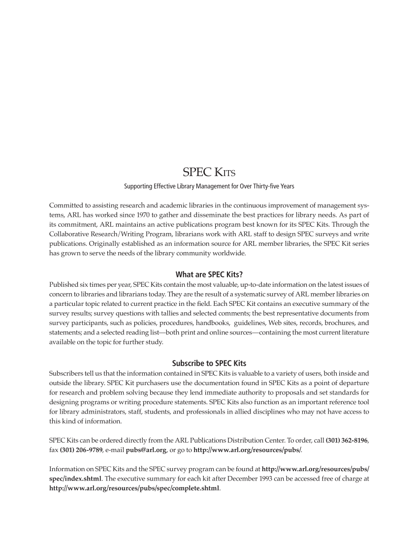 SPEC Kit 327: Reconfiguring Service Delivery (December 2011) page 2