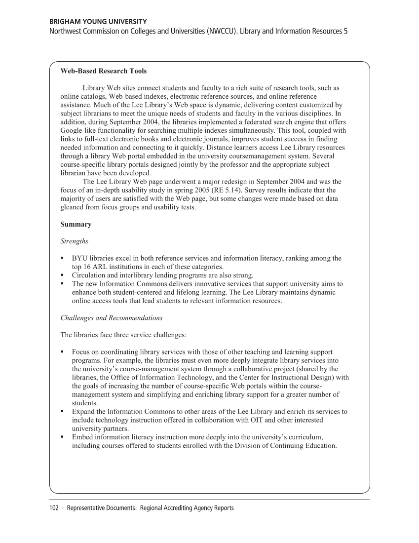 SPEC Kit 330: Library Contribution to Accreditation (September 2012) page 102