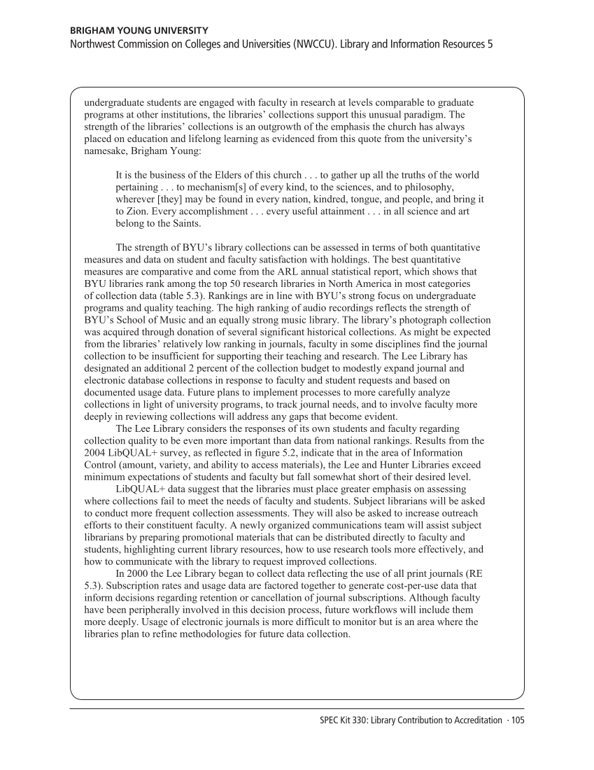 SPEC Kit 330: Library Contribution to Accreditation (September 2012) page 105