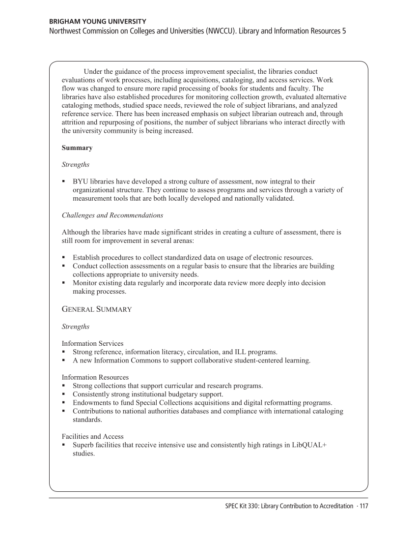 SPEC Kit 330: Library Contribution to Accreditation (September 2012) page 117