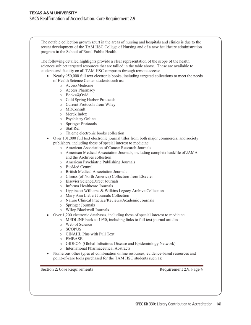 SPEC Kit 330: Library Contribution to Accreditation (September 2012) page 141