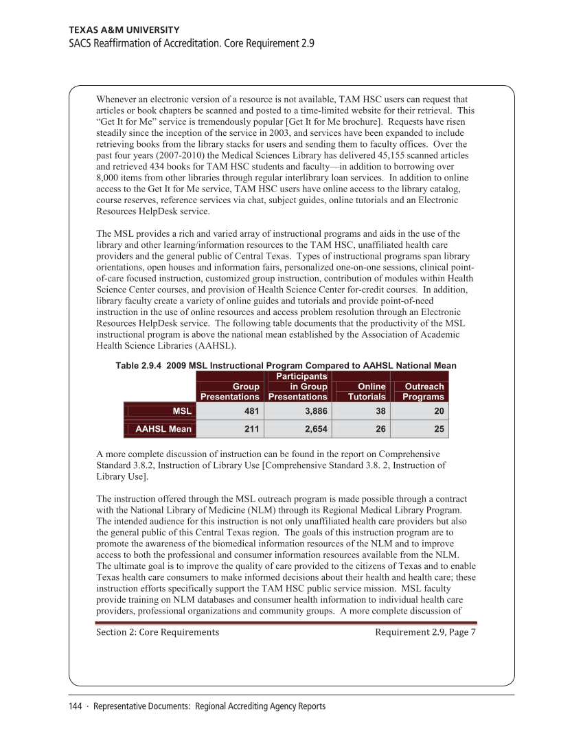 SPEC Kit 330: Library Contribution to Accreditation (September 2012) page 144