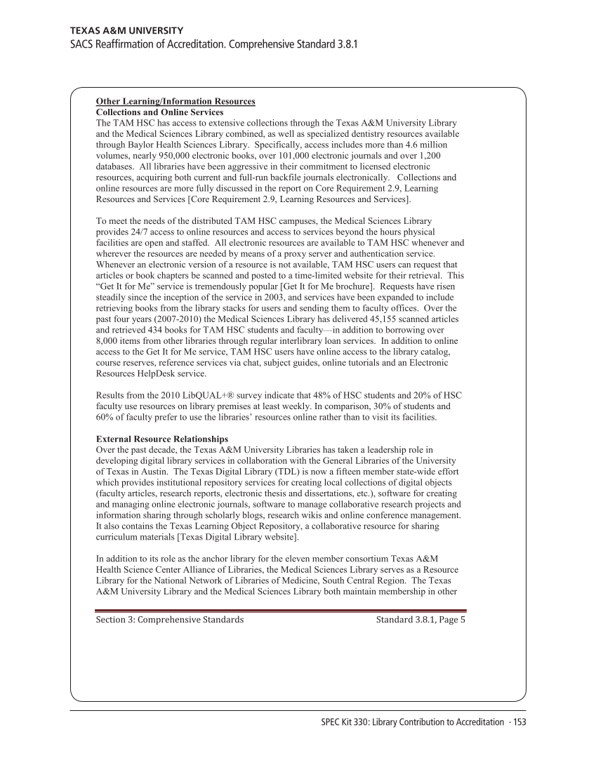 SPEC Kit 330: Library Contribution to Accreditation (September 2012) page 153