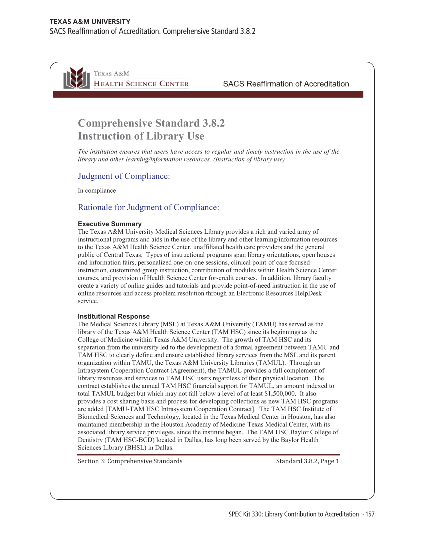 SPEC Kit 330: Library Contribution to Accreditation (September 2012) page 157