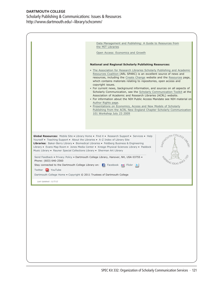 SPEC Kit 332: Organization of Scholarly Communication Services (November 2012) page 121
