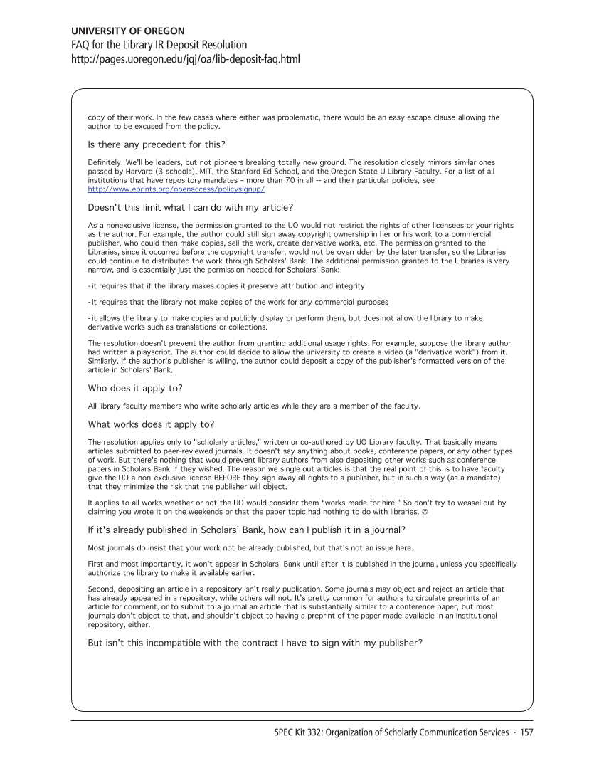 SPEC Kit 332: Organization of Scholarly Communication Services (November 2012) page 157