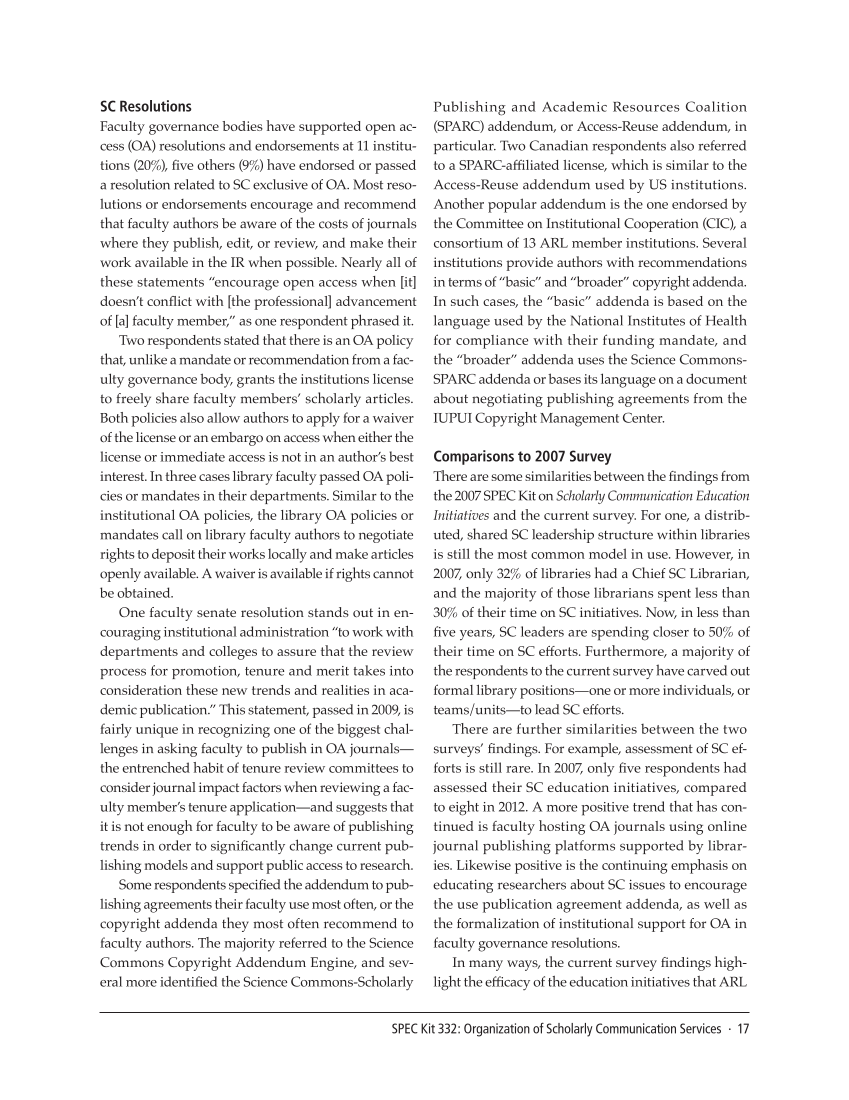 SPEC Kit 332: Organization of Scholarly Communication Services (November 2012) page 17