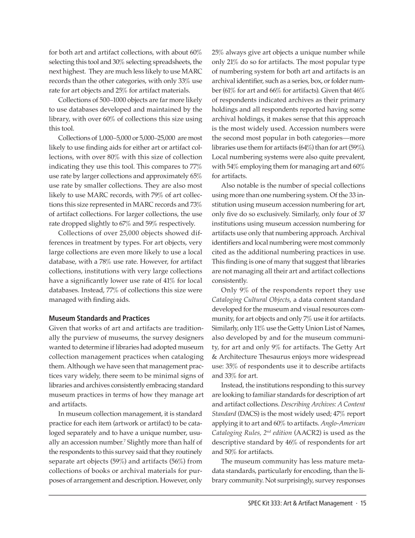 SPEC Kit 333: Art & Artifact Management (December 2012) page 15