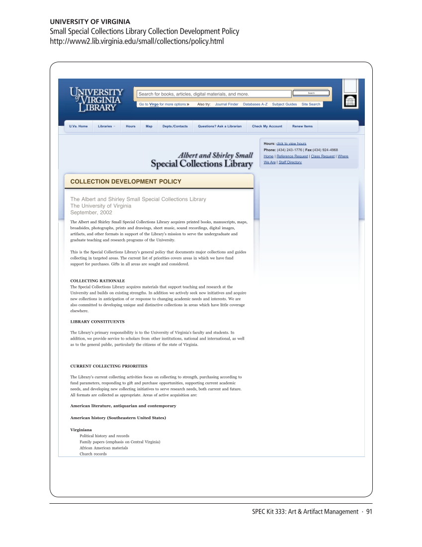 SPEC Kit 333: Art & Artifact Management (December 2012) page 91