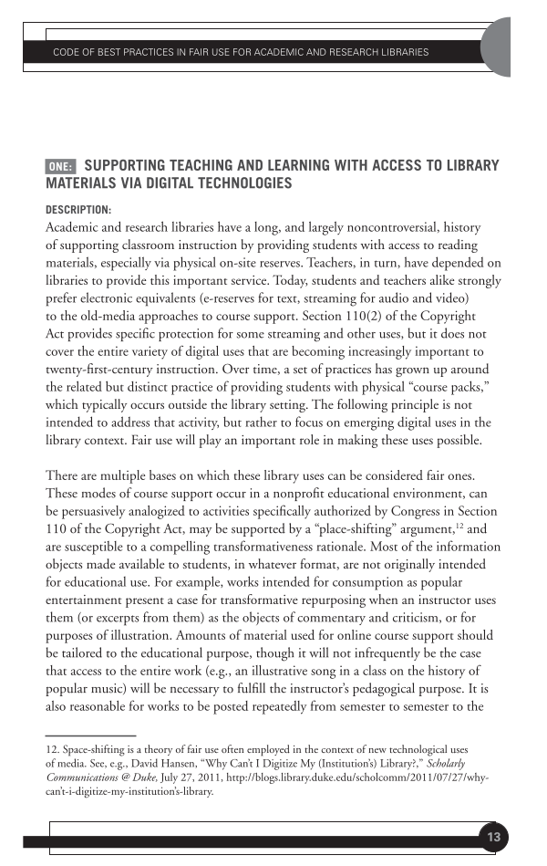 Code of Best Practices in Fair Use for Academic and Research Libraries page Sec1:13