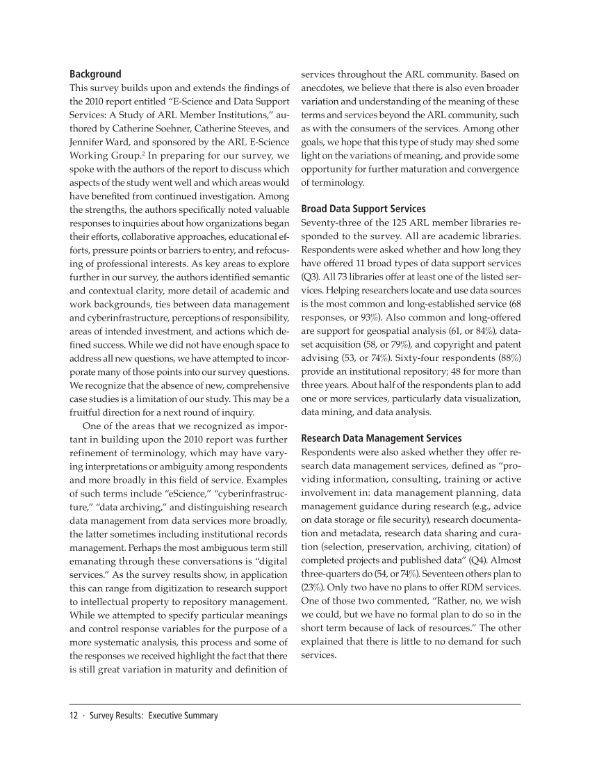 SPEC Kit 334: Research Data Management Services (July 2013) page 12