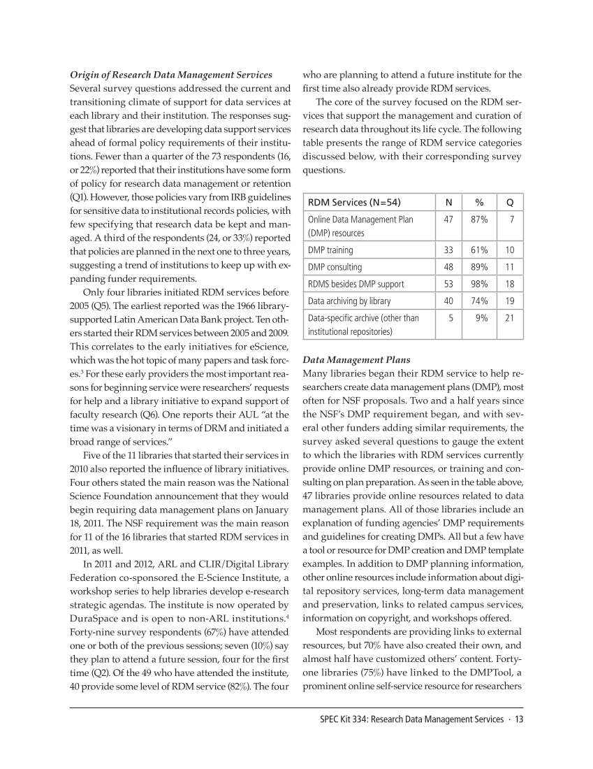 SPEC Kit 334: Research Data Management Services (July 2013) page 13