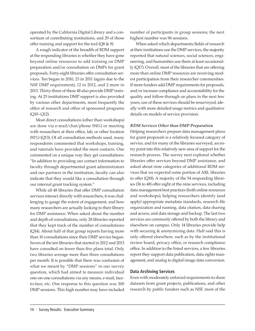 SPEC Kit 334: Research Data Management Services (July 2013) page 14