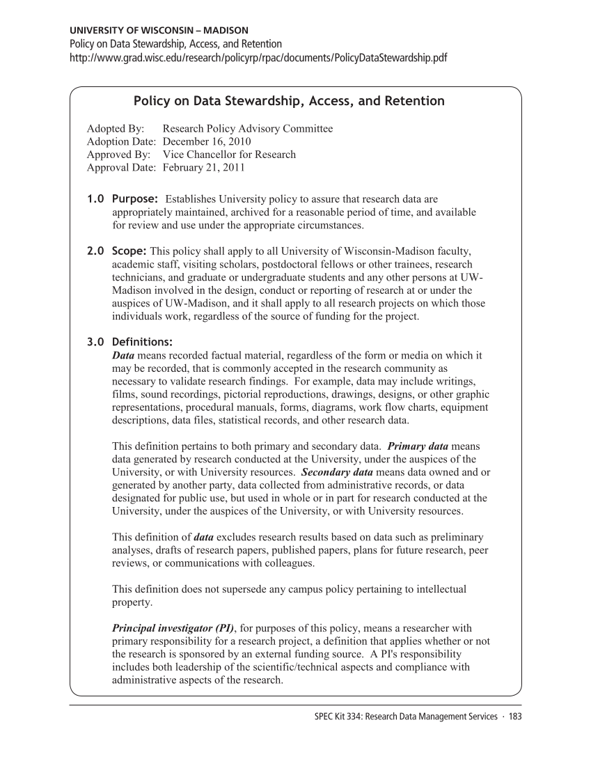 SPEC Kit 334: Research Data Management Services (July 2013) page 183