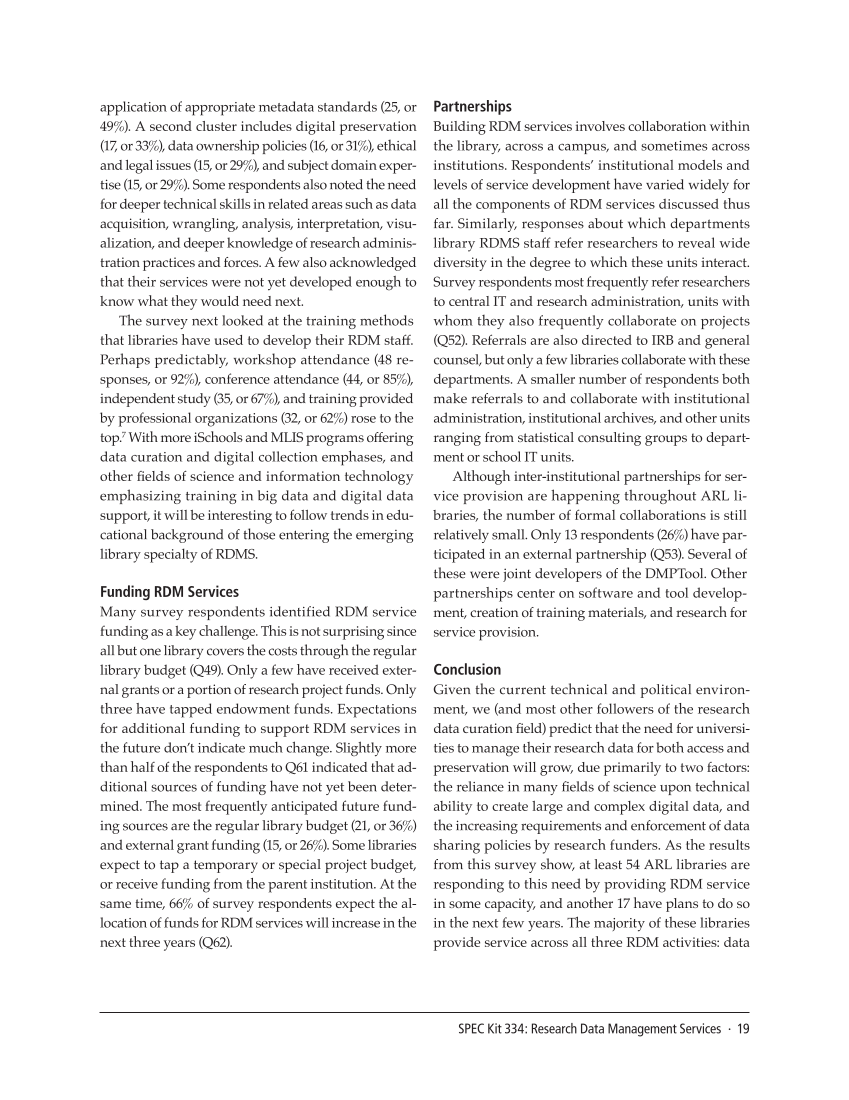 SPEC Kit 334: Research Data Management Services (July 2013) page 19