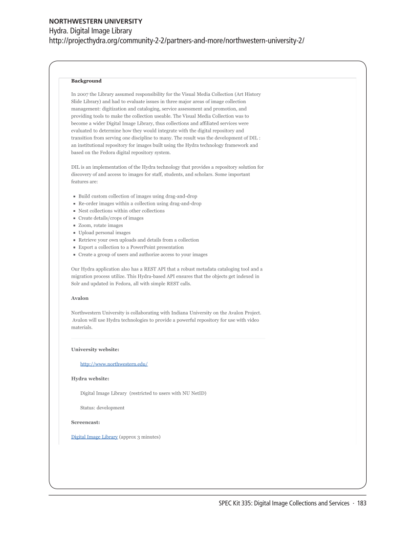 SPEC Kit 335: Digital Image Collections and Services (August 2013) page 183