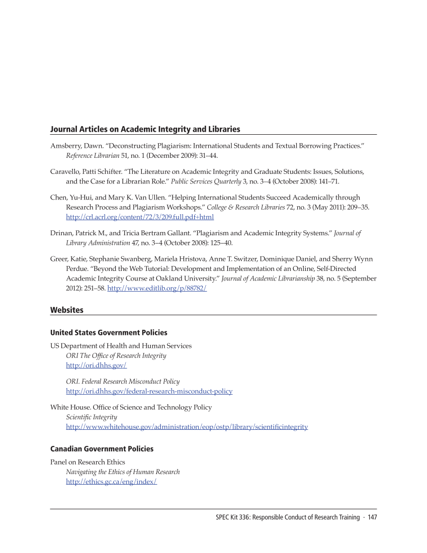 SPEC Kit 336: Responsible Conduct of Research Training (September 2013) page 147