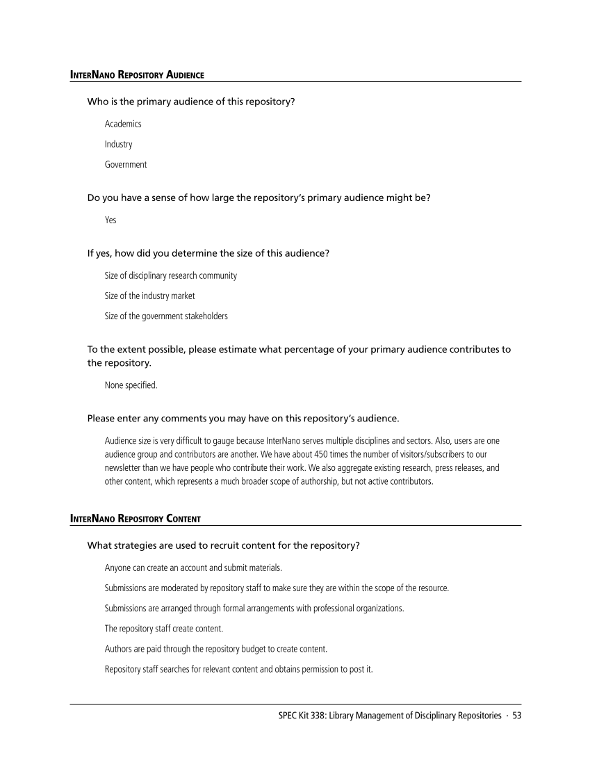 SPEC Kit 338: Library Management of Disciplinary Repositories (November 2013) page 53