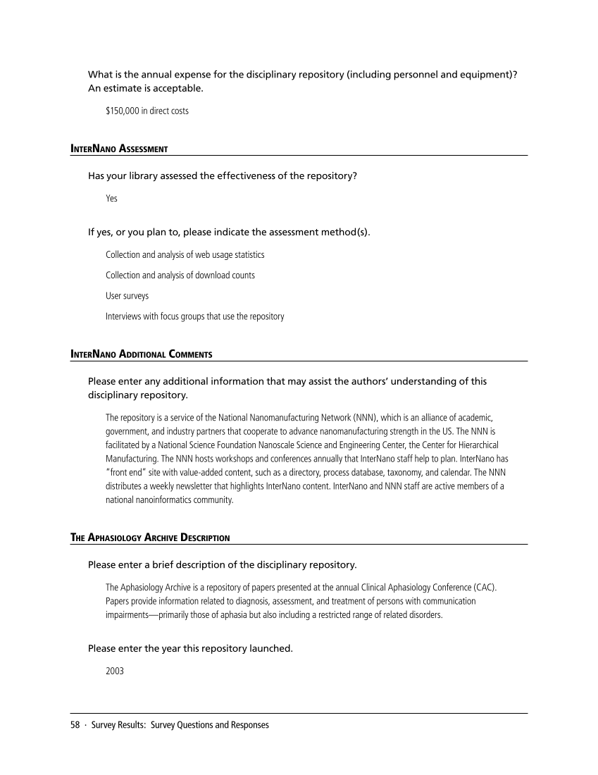 SPEC Kit 338: Library Management of Disciplinary Repositories (November 2013) page 58