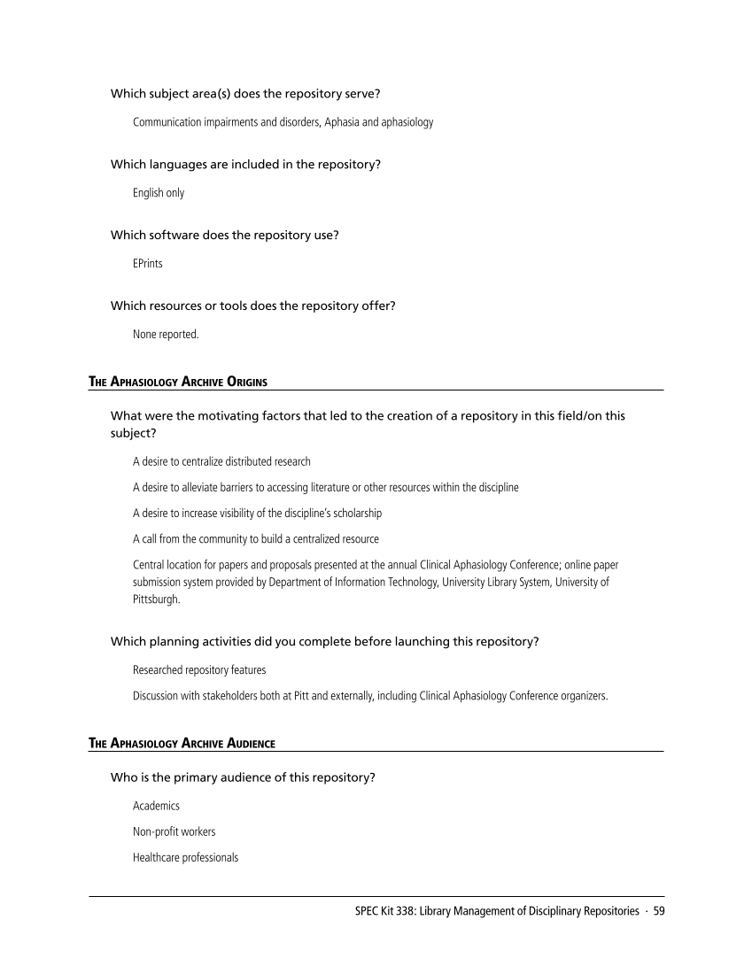 SPEC Kit 338: Library Management of Disciplinary Repositories (November 2013) page 59