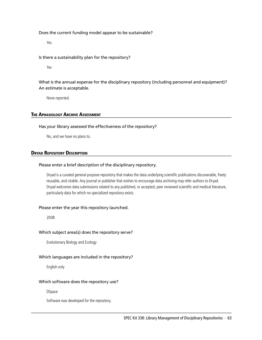 SPEC Kit 338: Library Management of Disciplinary Repositories (November 2013) page 63