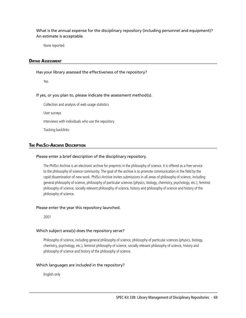 SPEC Kit 338: Library Management of Disciplinary Repositories (November 2013) page 69