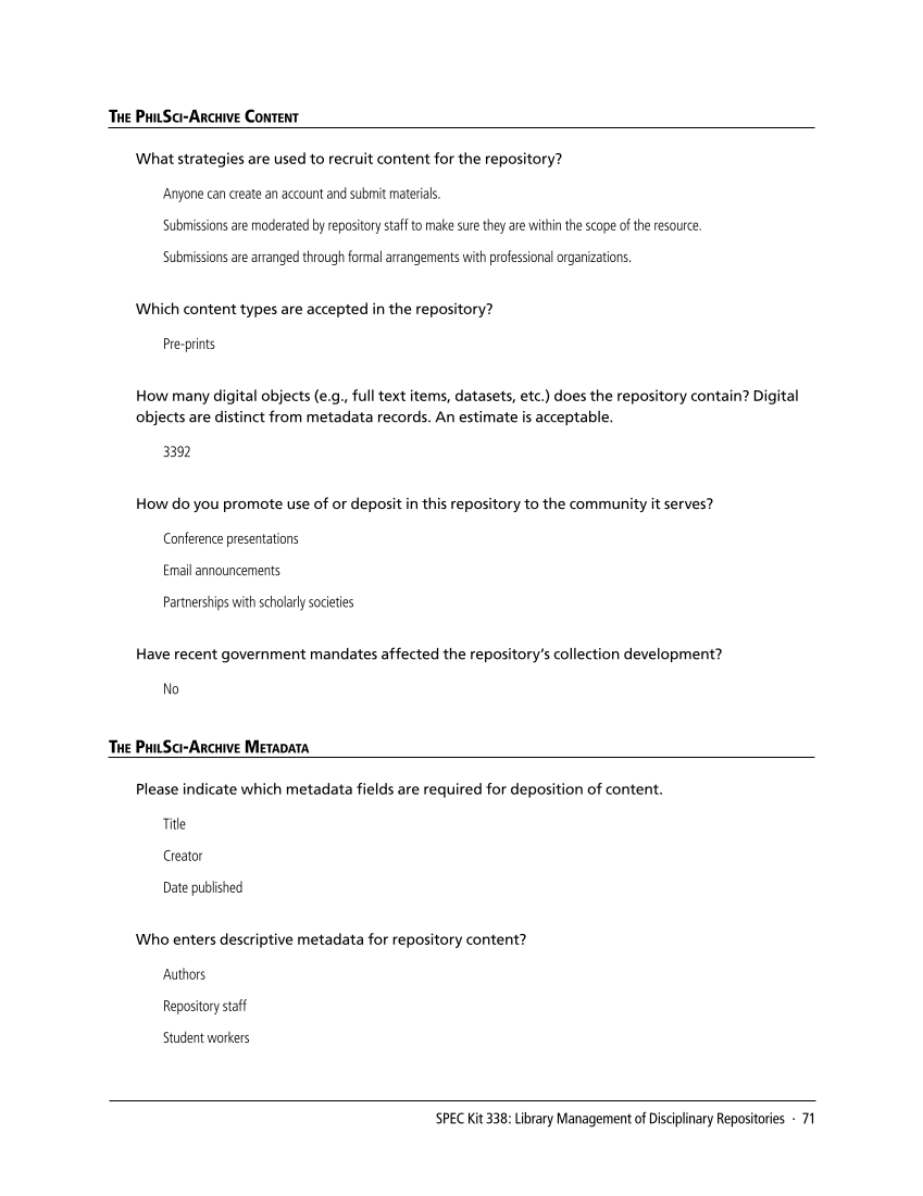 SPEC Kit 338: Library Management of Disciplinary Repositories (November 2013) page 71