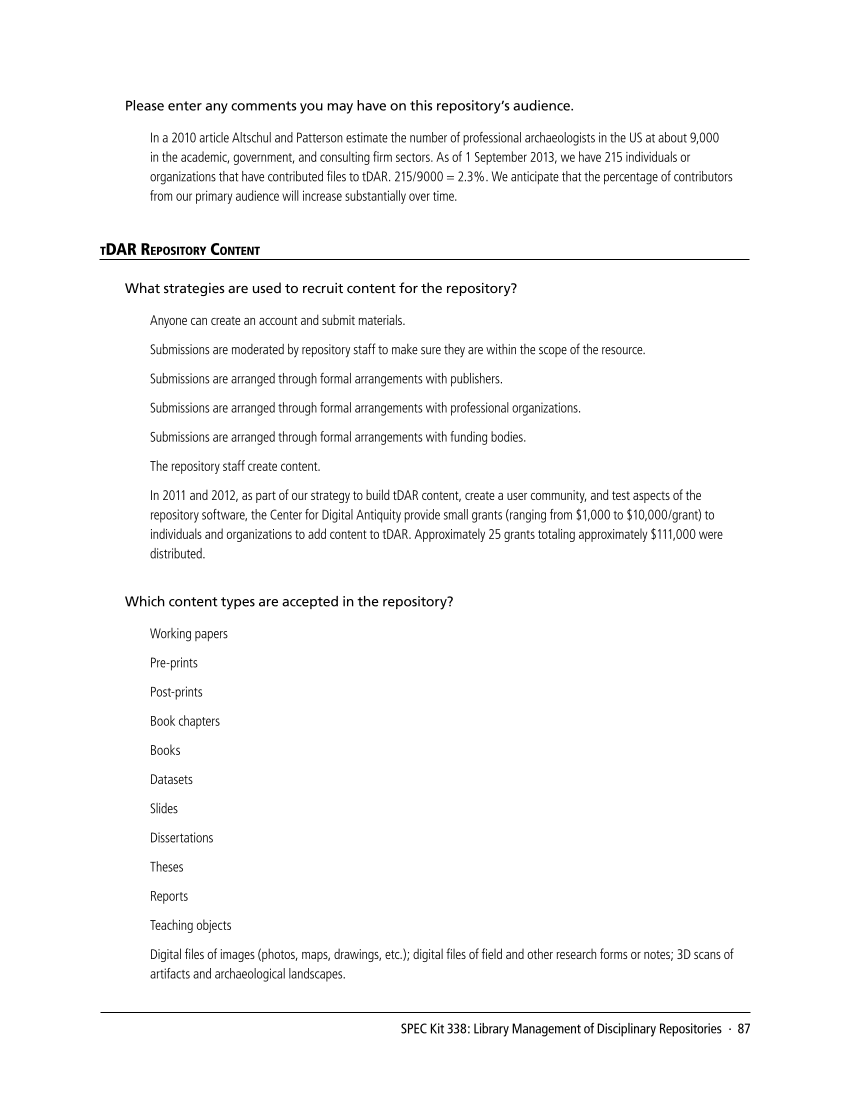 SPEC Kit 338: Library Management of Disciplinary Repositories (November 2013) page 87