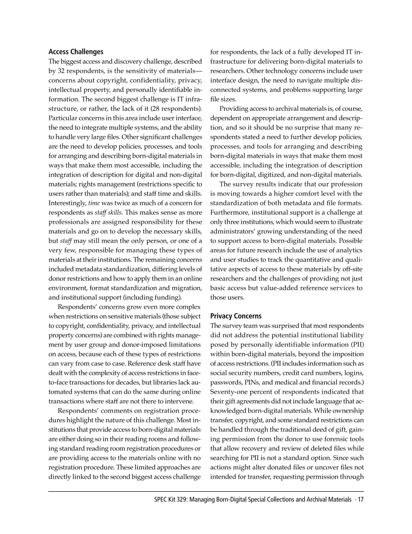 SPEC Kit 329: Managing Born-Digital Special Collections and Archival Materials (August 2012) page 17