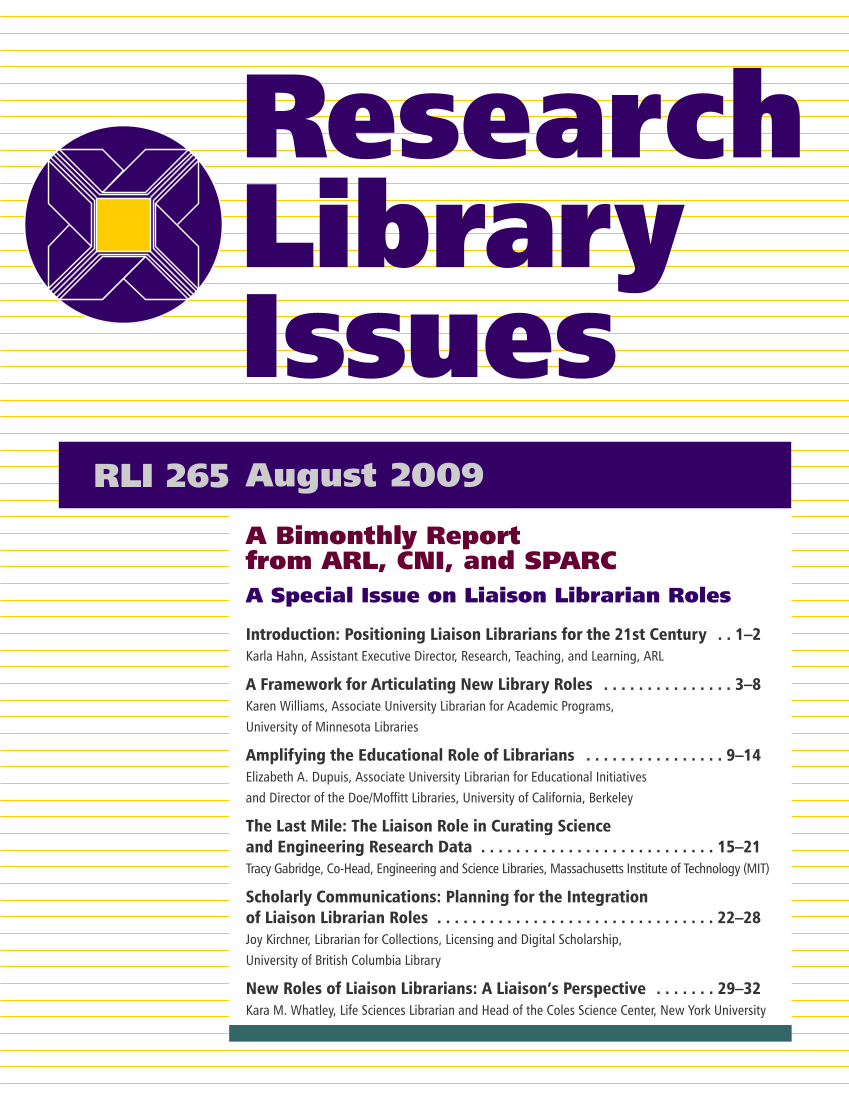 Research Library Issues, no. 265 (Aug. 2009): Special Issue on Liaison Librarian Roles page