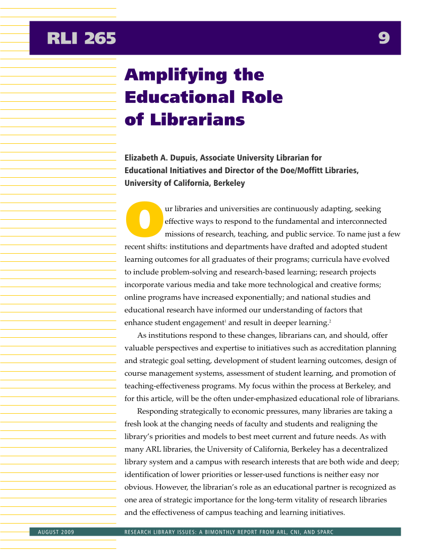 Research Library Issues, no. 265 (Aug. 2009): Special Issue on Liaison Librarian Roles page 10